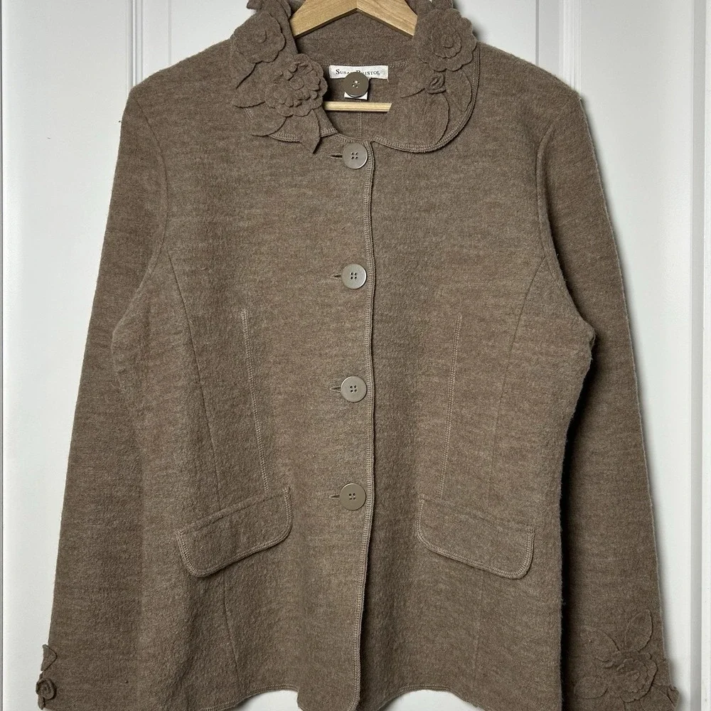 Susan Bristol Vintage 100% Wool Taupe Floral Appliqué Collar‎ Faux Pocket Jacket